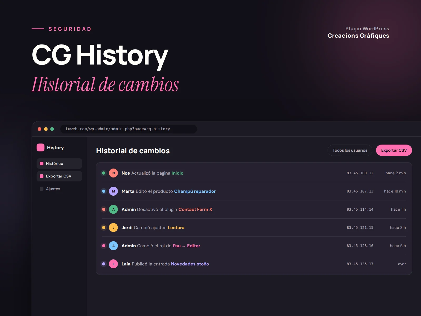 CG History — Historial de cambios, plugin de WordPress