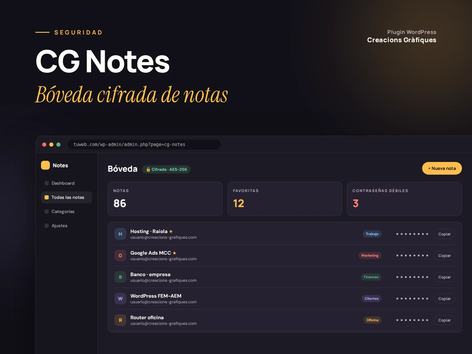 CG Notes — Bóveda cifrada de notas, plugin de WordPress